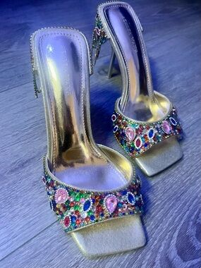 Azalea Wang Gold Crystal-Embellished Women's High Heel Sandals